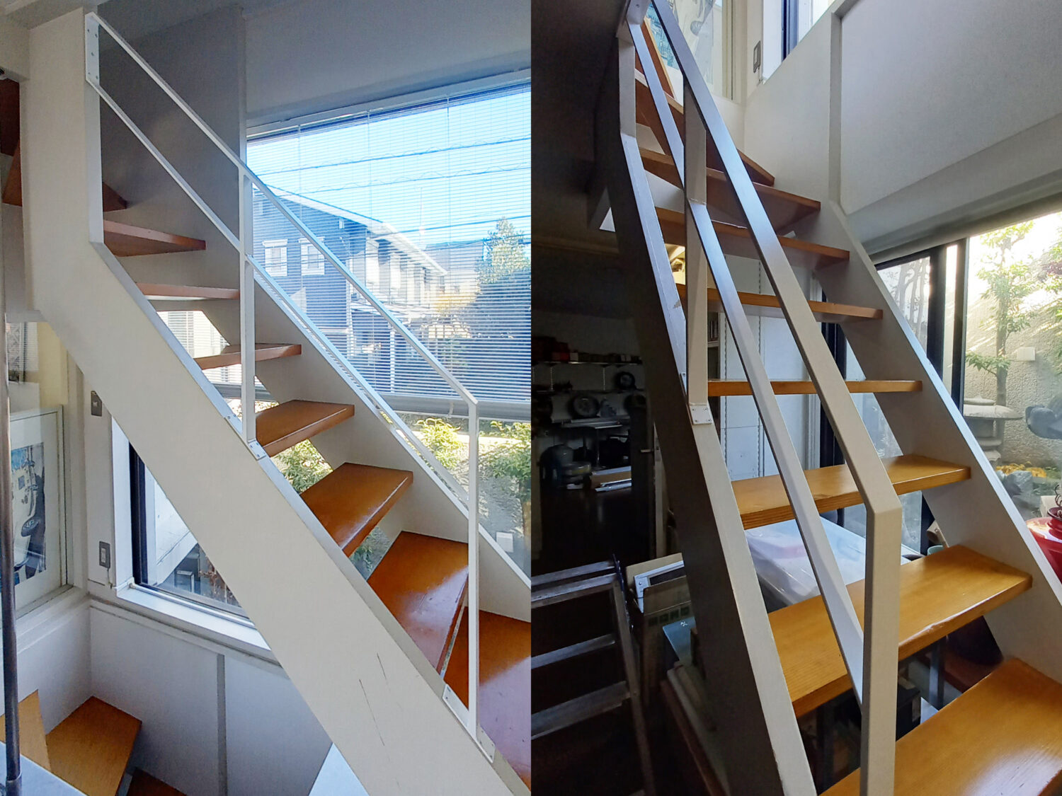 特殊な形の白いスチール手摺