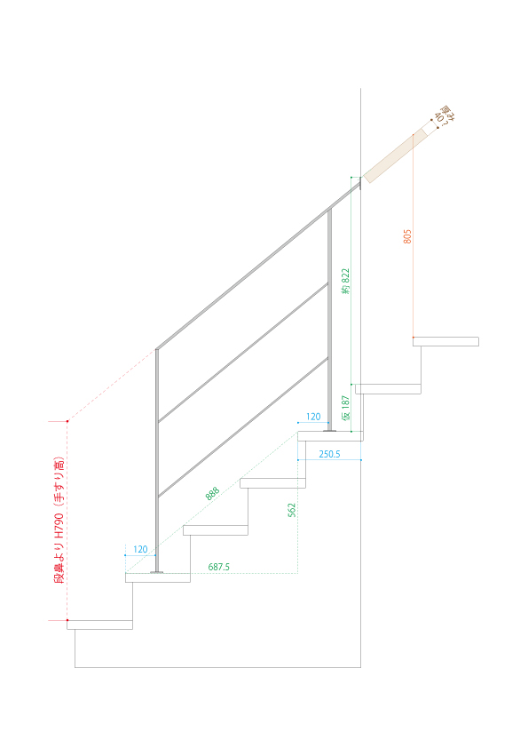 グレージュカラーのスチール手すり図面